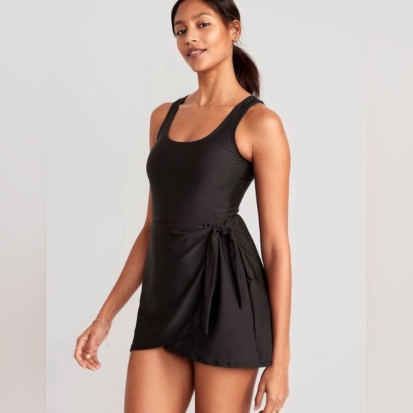 NWT Old Navy Wrap-Front Black Side Tie Swim dress Size Small - Picture 1 of 9